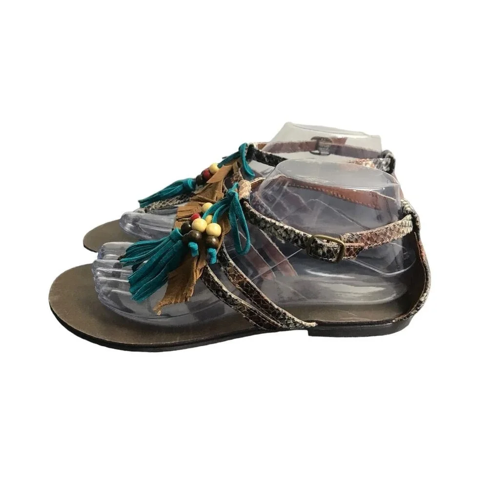 Chinese Laundry Sandals Womens 7.5 Brown Snakeskin Boho Tassel Beaded Flat Thong